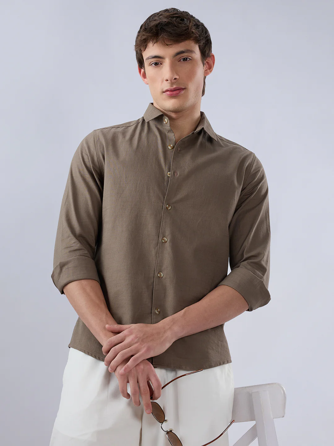 Solid Khaki Fine Weave Everyday Shirt - Image 2