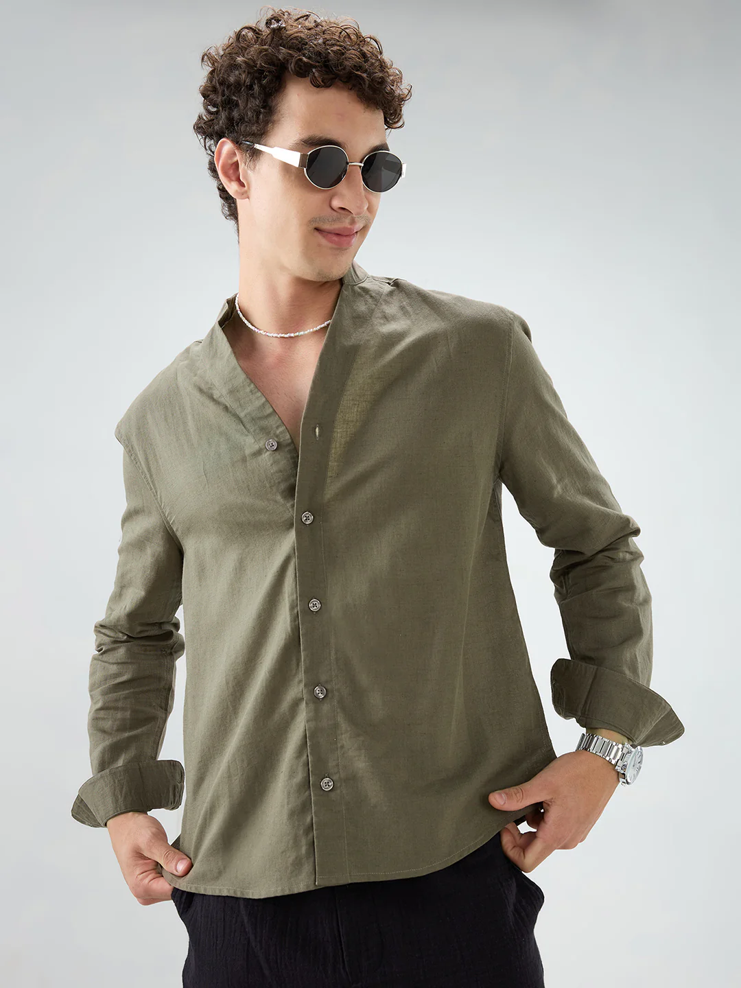 Solid Olive Stand Collar Linen Blend Oversized Shirt - Image 2