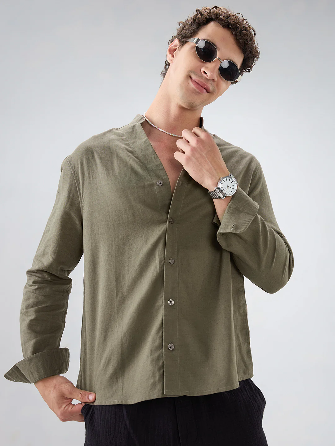Solid Olive Stand Collar Linen Blend Oversized Shirt - Image 4