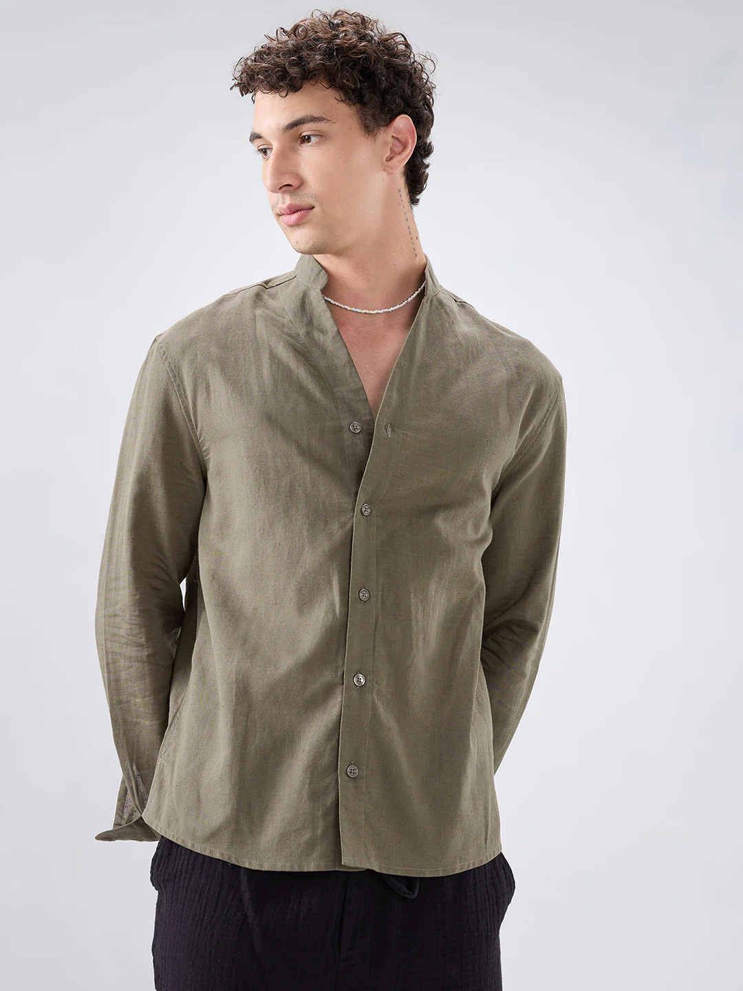 Solid Olive Stand Collar Linen Blend Oversized Shirt - Image 5