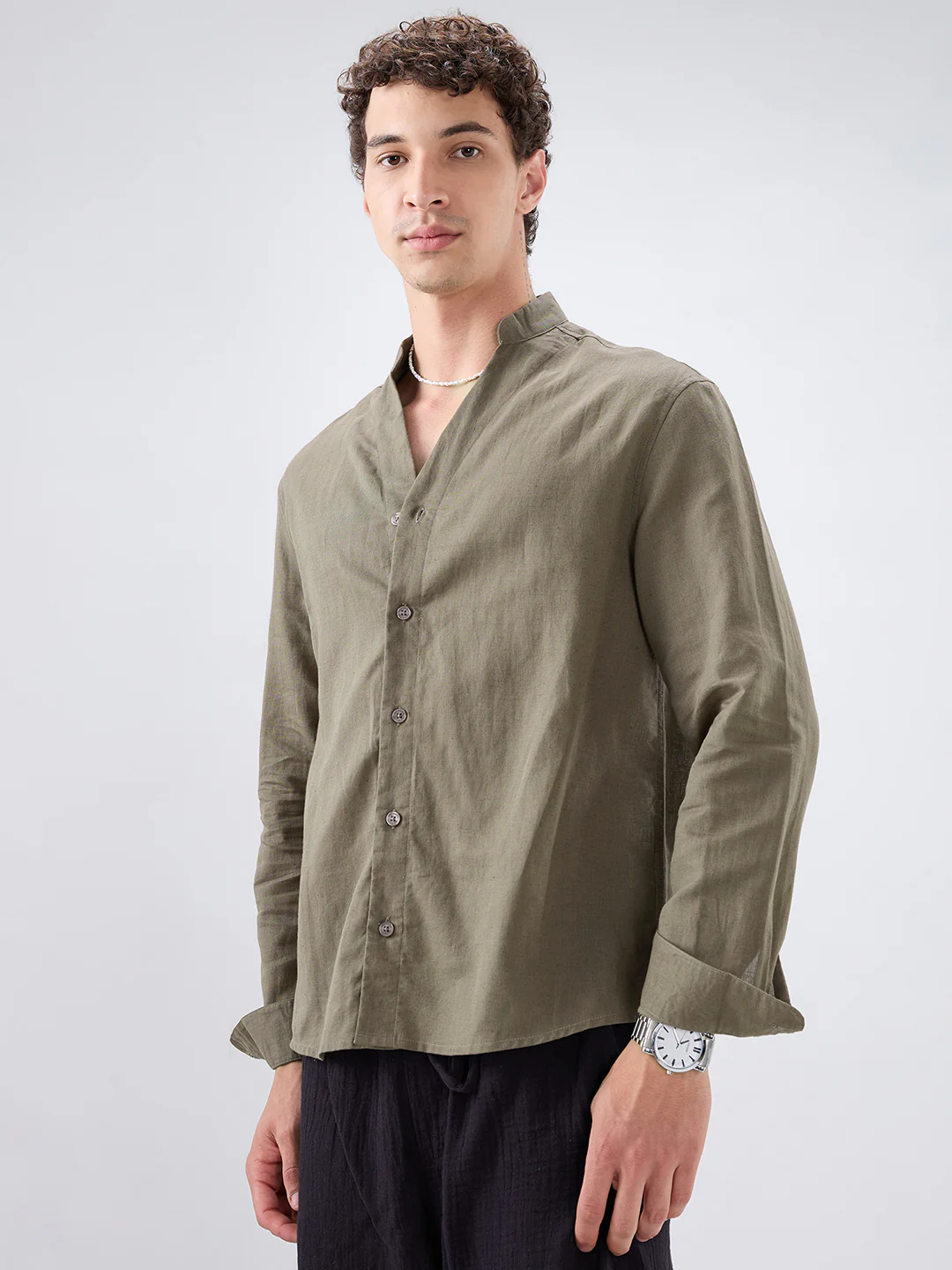 Solid Olive Stand Collar Linen Blend Oversized Shirt - Image 6
