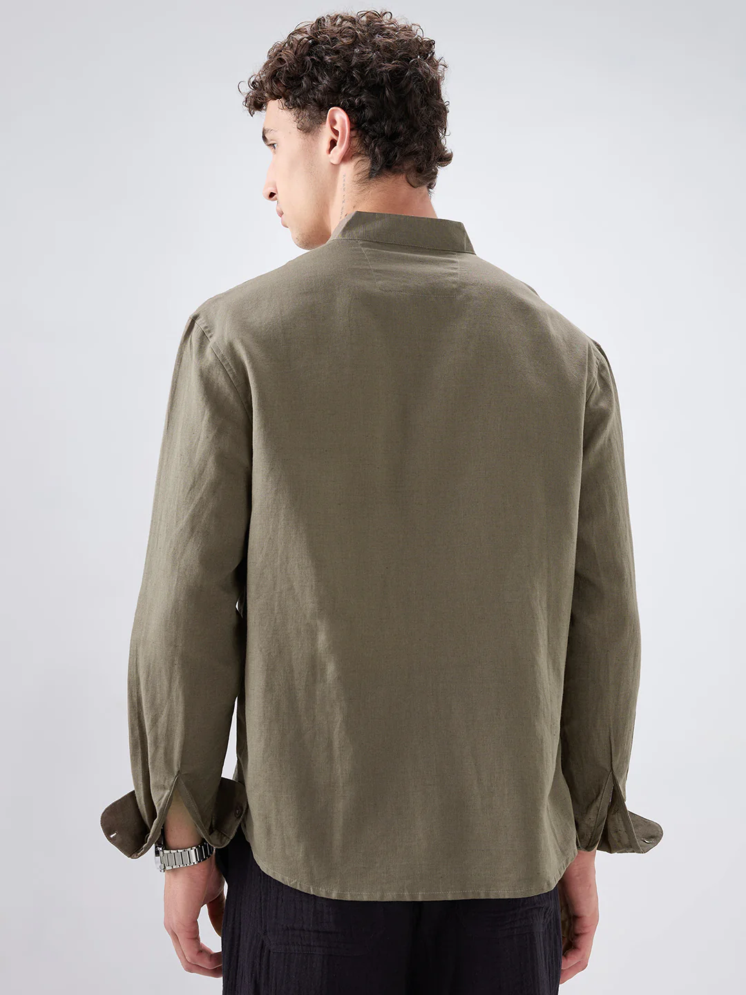 Solid Olive Stand Collar Linen Blend Oversized Shirt - Image 7