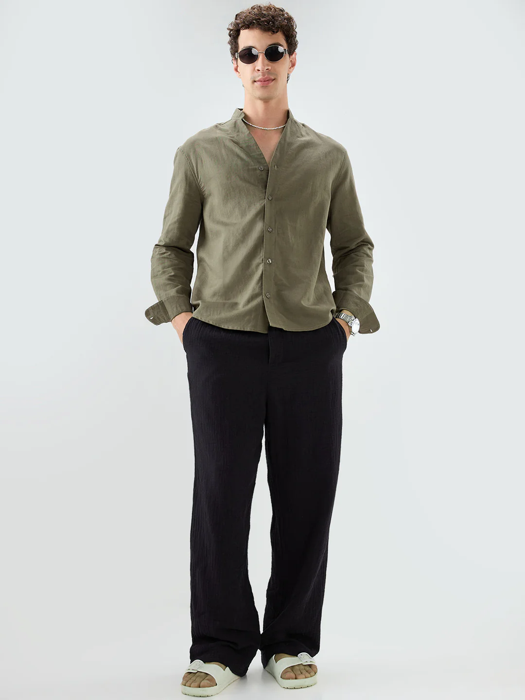 Solid Olive Stand Collar Linen Blend Oversized Shirt - Image 8