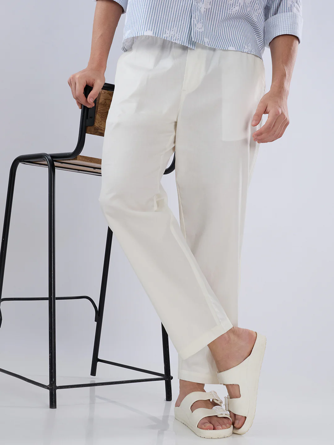 Solid Pastel Cream Tapered Trousers