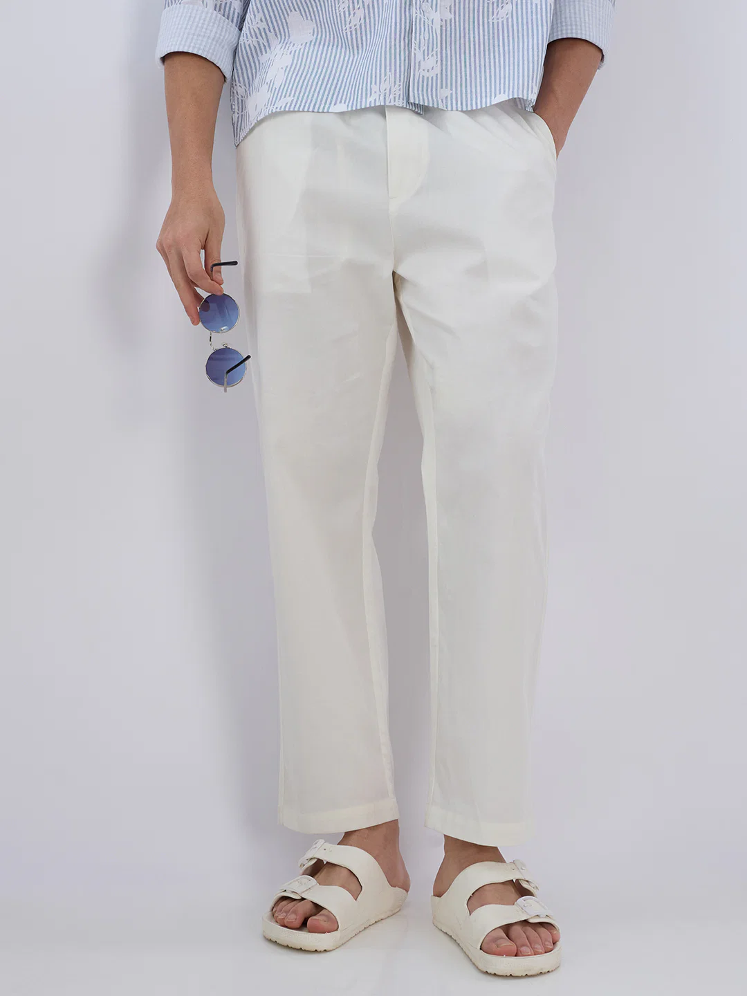 Solid Pastel Cream Tapered Trousers - Image 2
