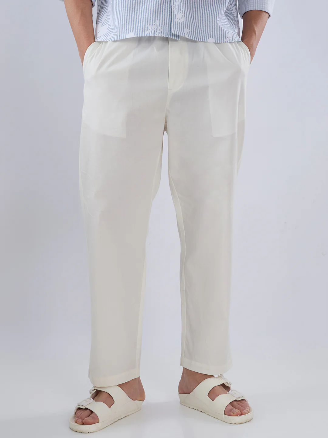 Solid Pastel Cream Tapered Trousers - Image 5