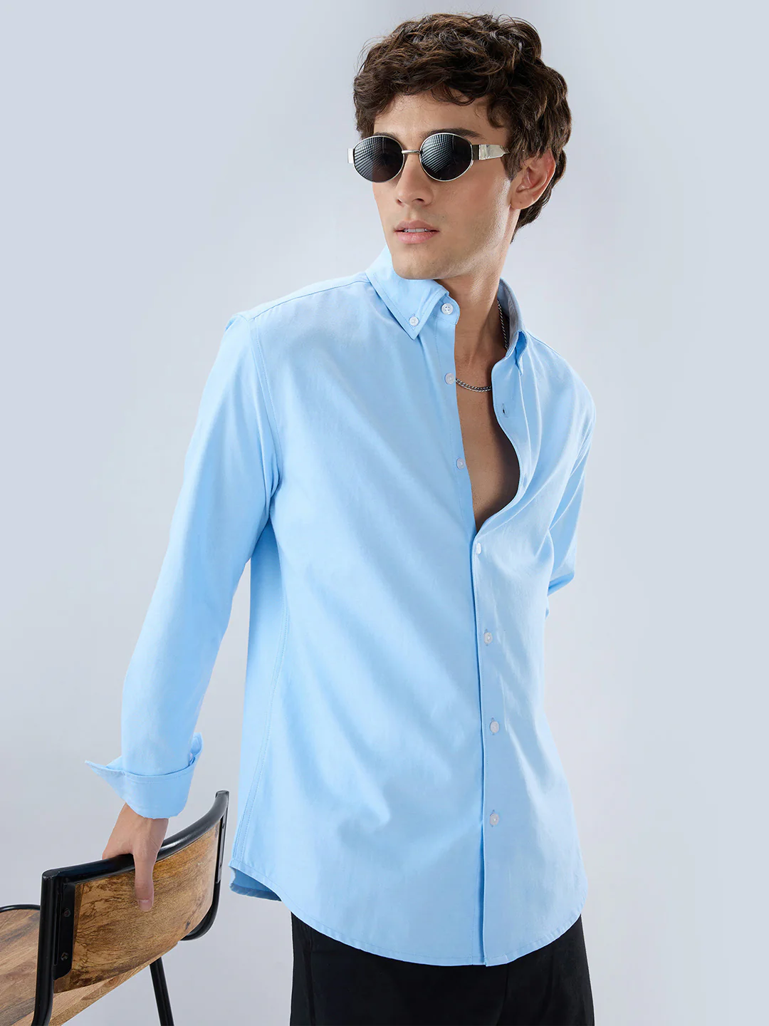 Solid Sky Blue Smooth Finish Oxford Shirt - Image 2