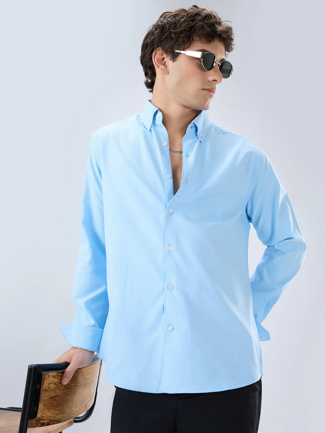 Solid Sky Blue Smooth Finish Oxford Shirt - Image 4