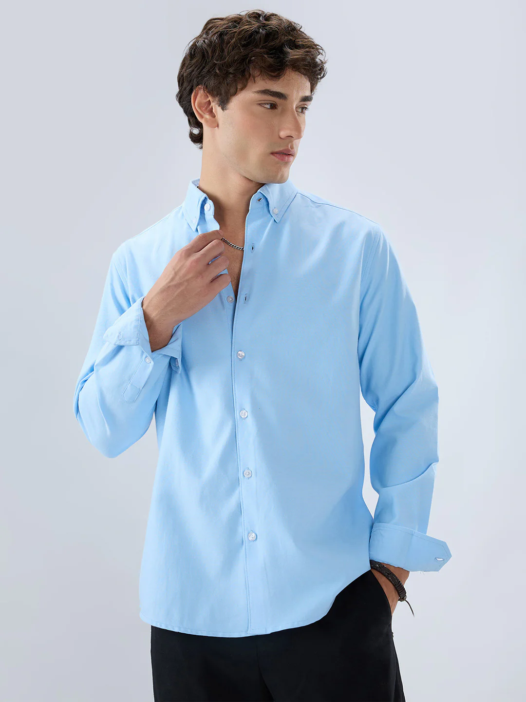 Solid Sky Blue Smooth Finish Oxford Shirt - Image 5