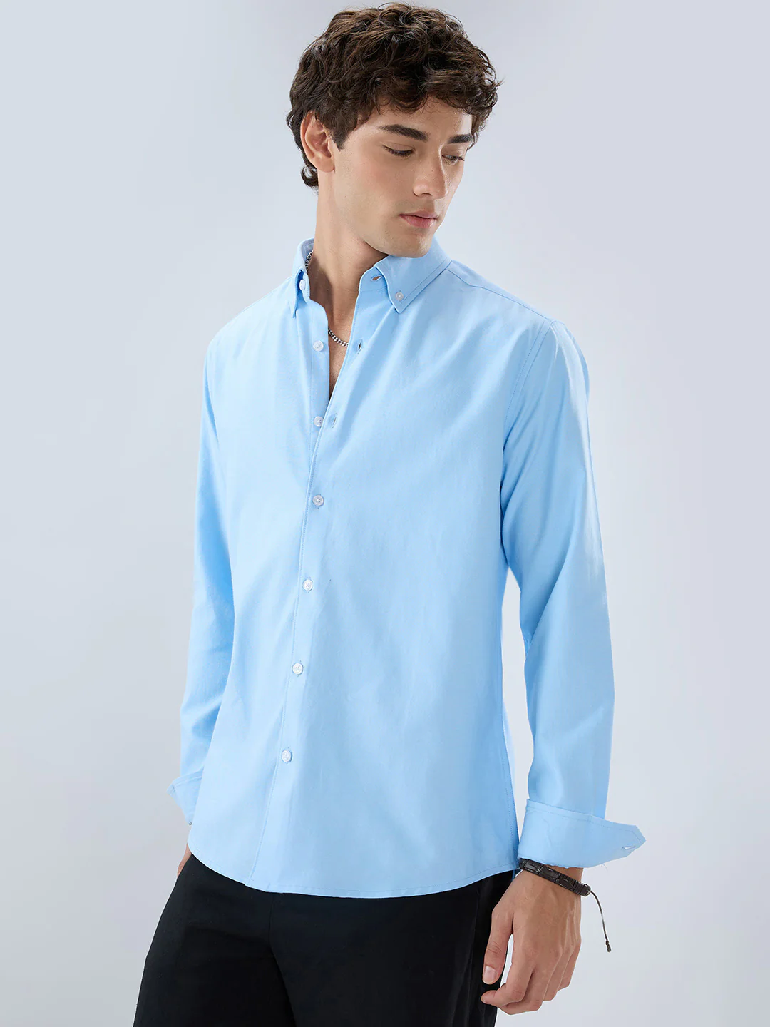 Solid Sky Blue Smooth Finish Oxford Shirt - Image 6