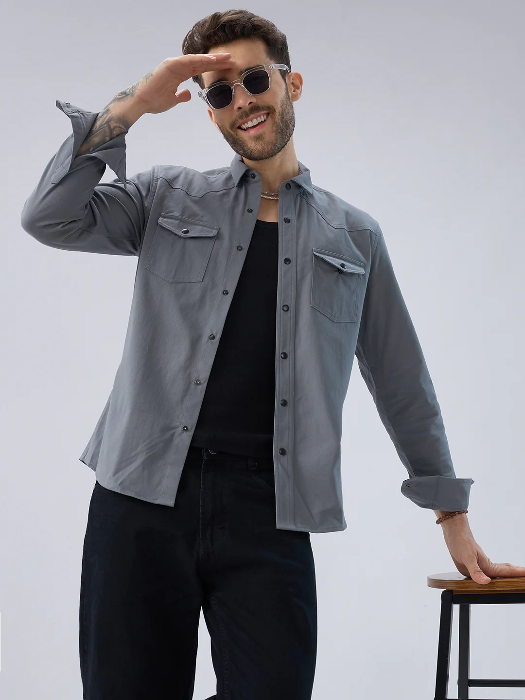 Solid Slate Grey Double Pocket Overshirt - Image 2