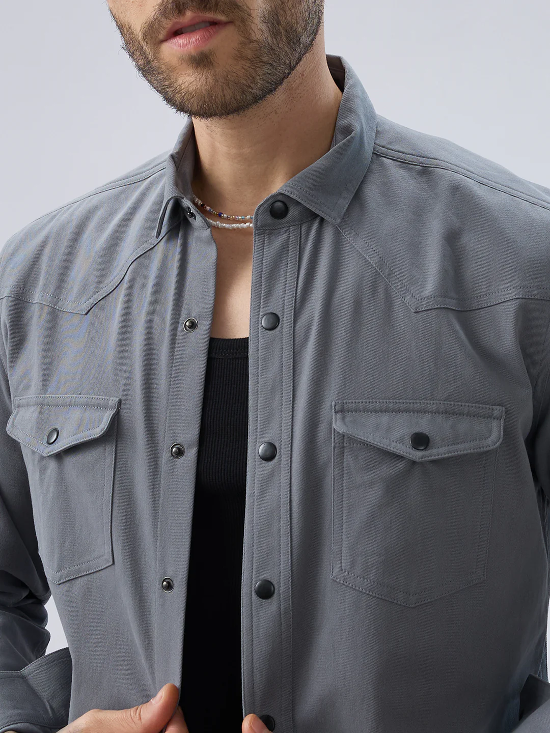 Solid Slate Grey Double Pocket Overshirt - Image 3