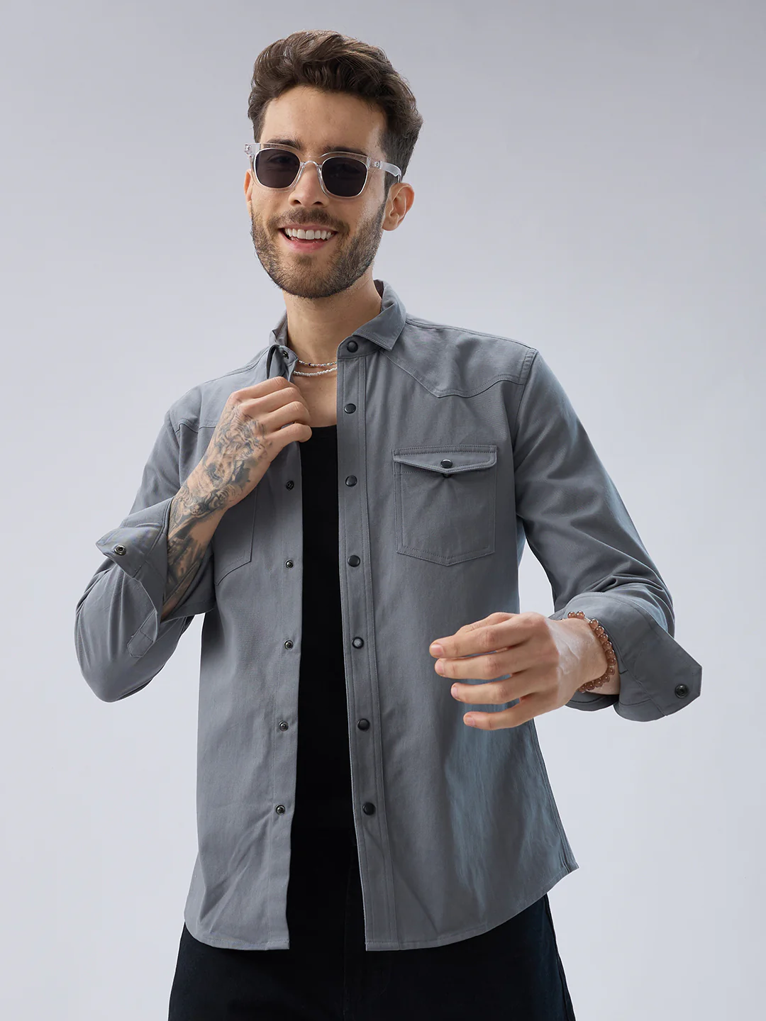 Solid Slate Grey Double Pocket Overshirt - Image 4