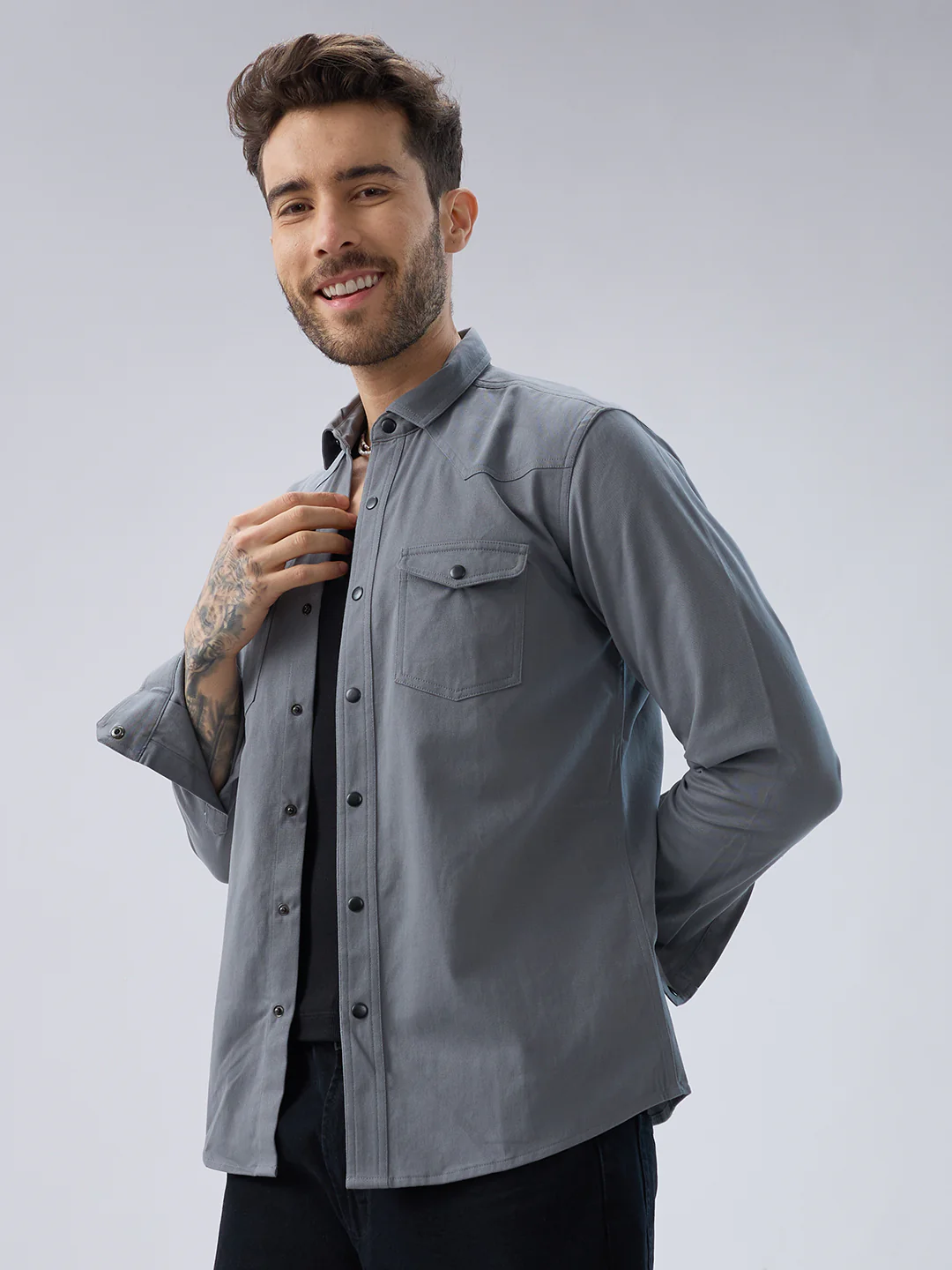 Solid Slate Grey Double Pocket Overshirt - Image 5