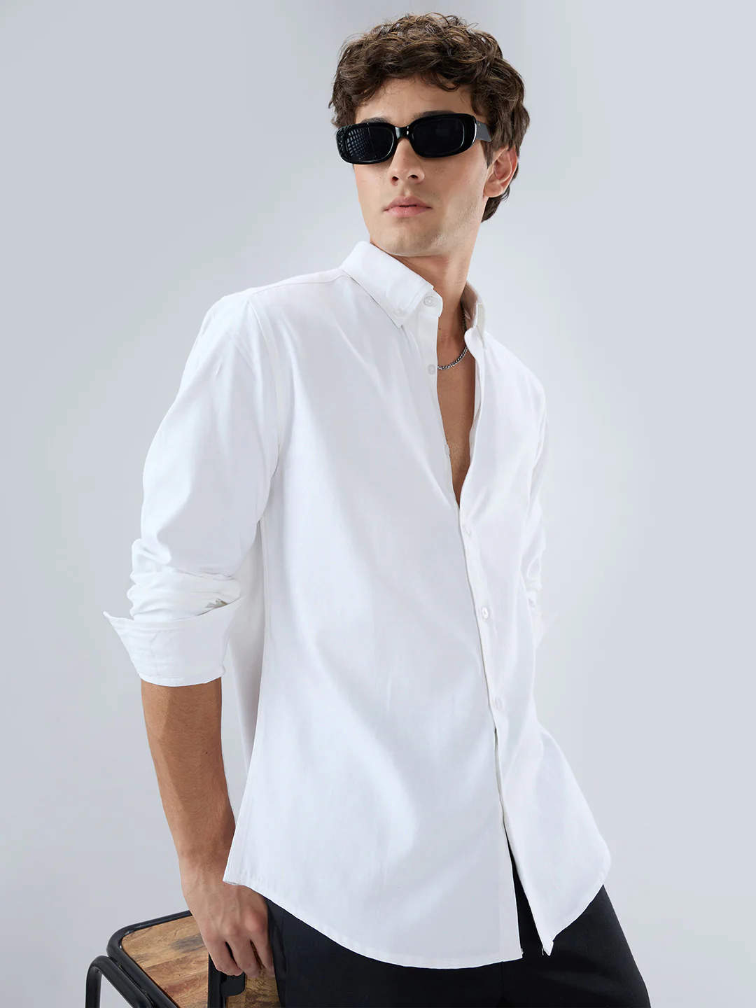 Solid Snow White Oxford Button down Collar Shirt - Image 2