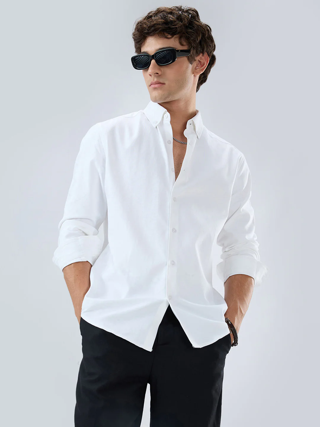 Solid Snow White Oxford Button down Collar Shirt - Image 4