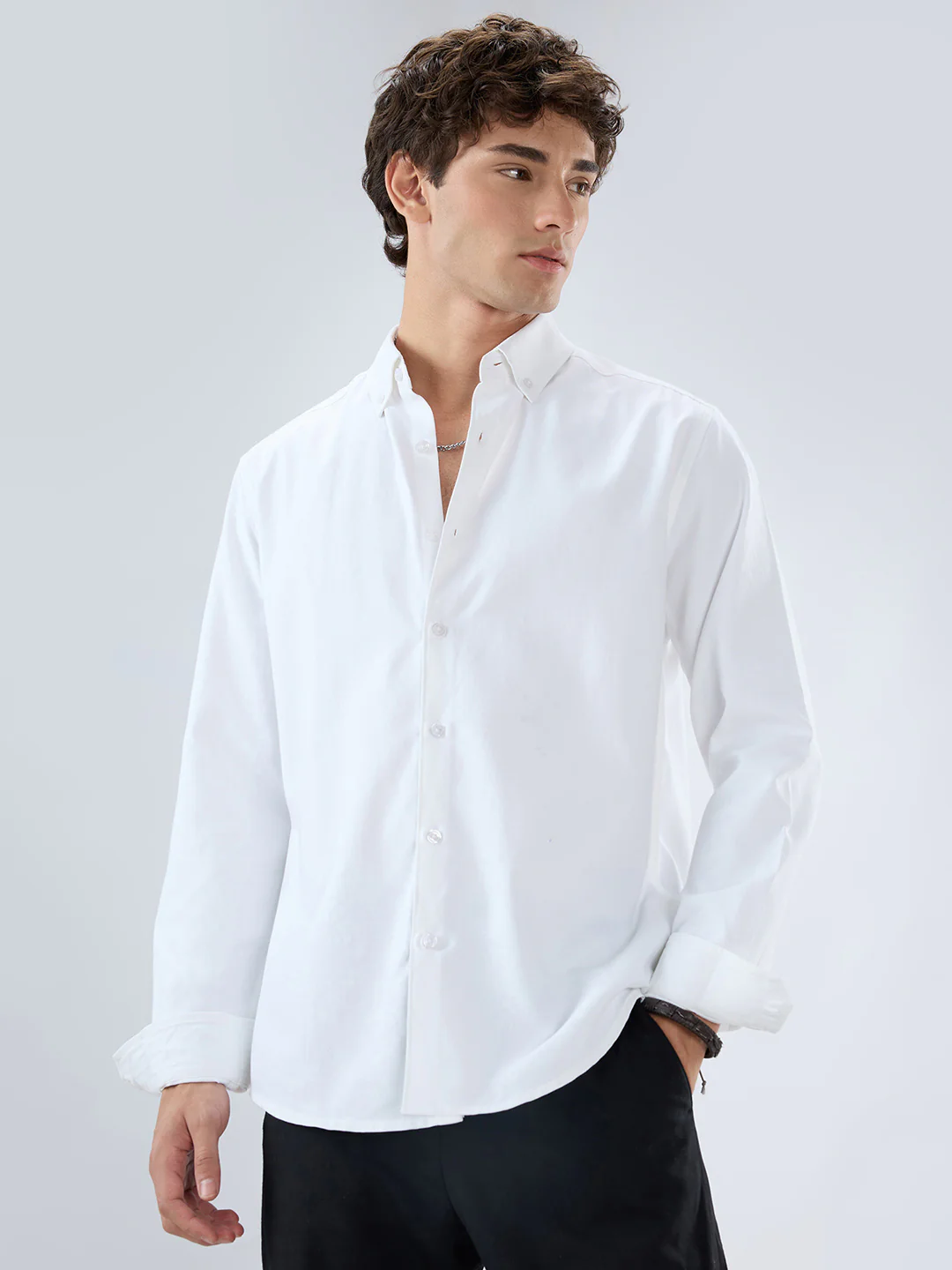 Solid Snow White Oxford Button down Collar Shirt - Image 5