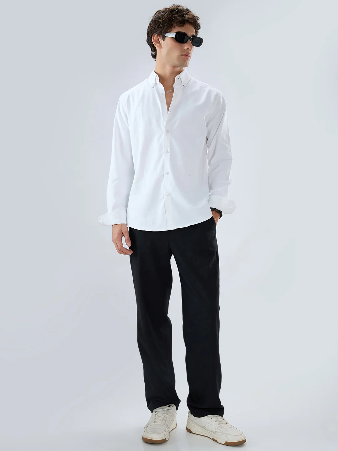 Solid Snow White Oxford Button down Collar Shirt - Image 7