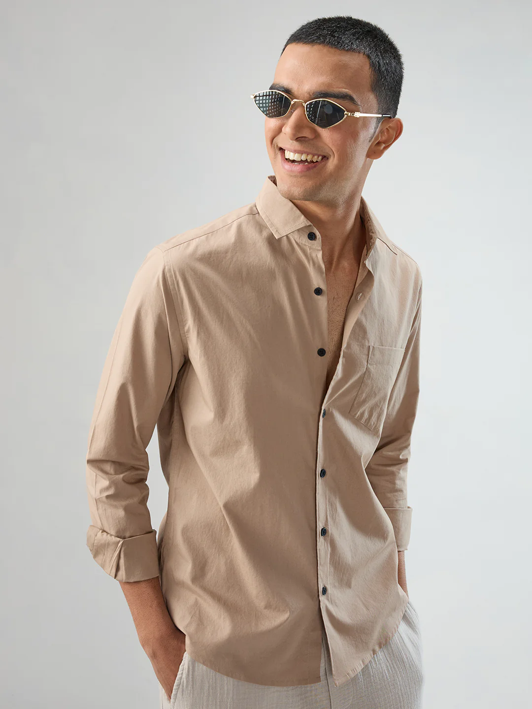 Solid Soft Khaki Beige Poplin Shirt - Image 2