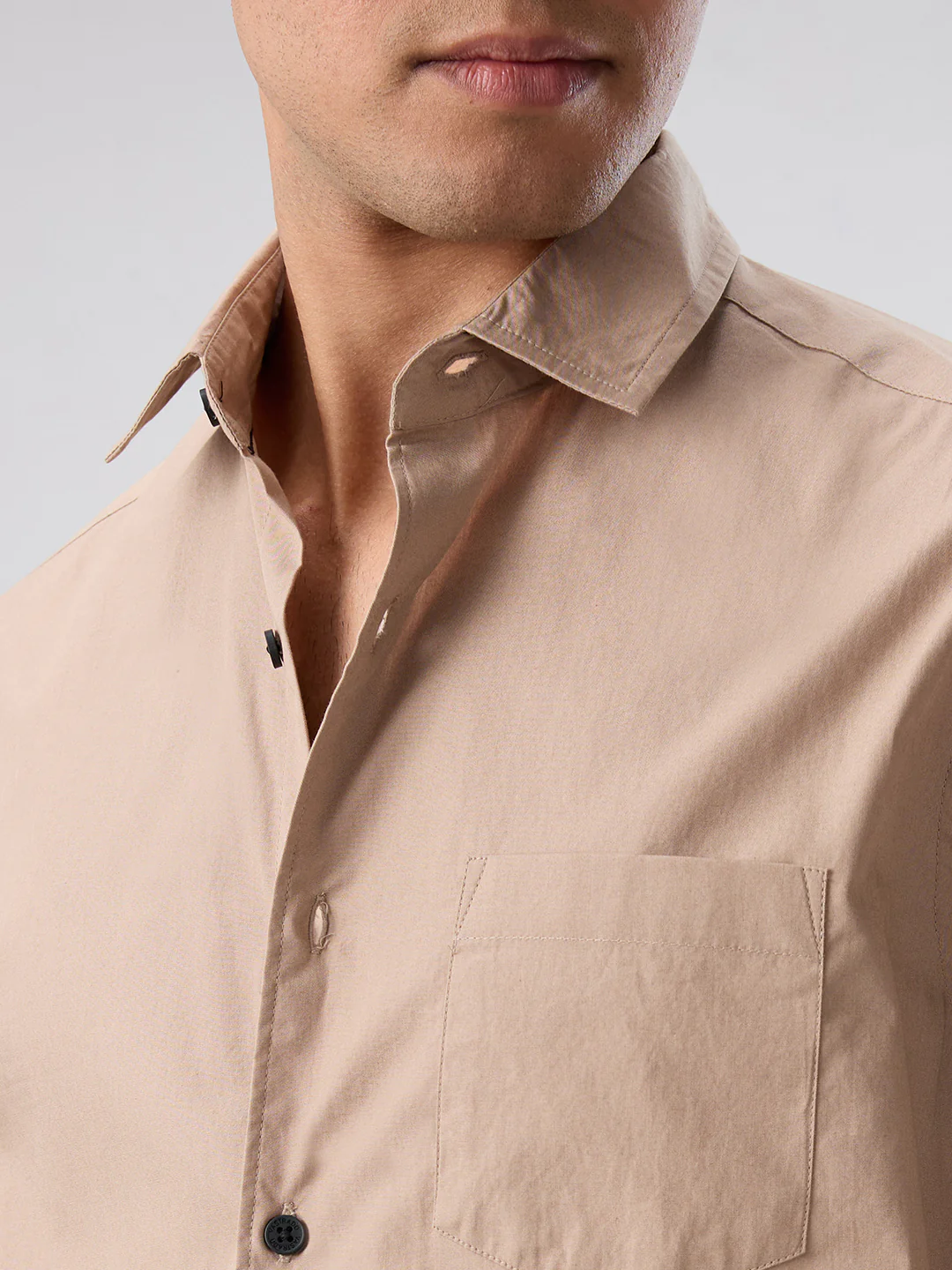 Solid Soft Khaki Beige Poplin Shirt - Image 3