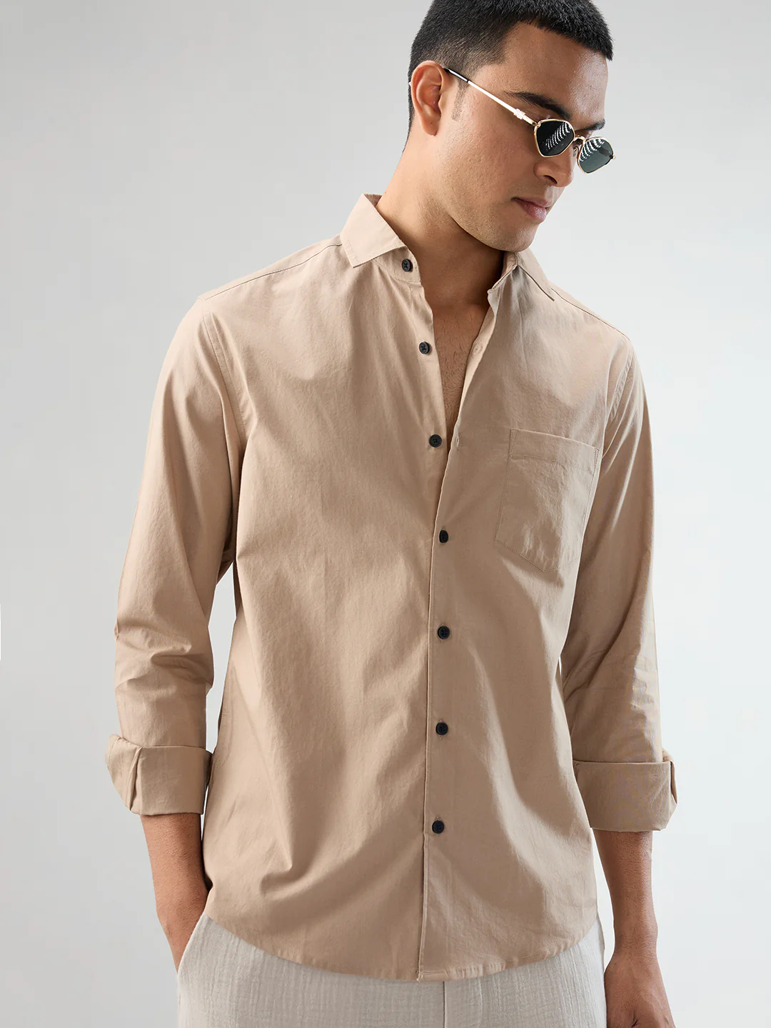 Solid Soft Khaki Beige Poplin Shirt - Image 4