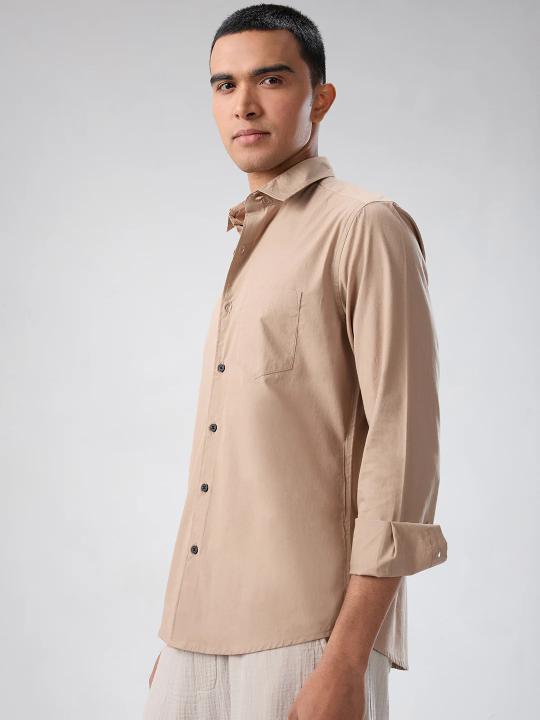 Solid Soft Khaki Beige Poplin Shirt - Image 5