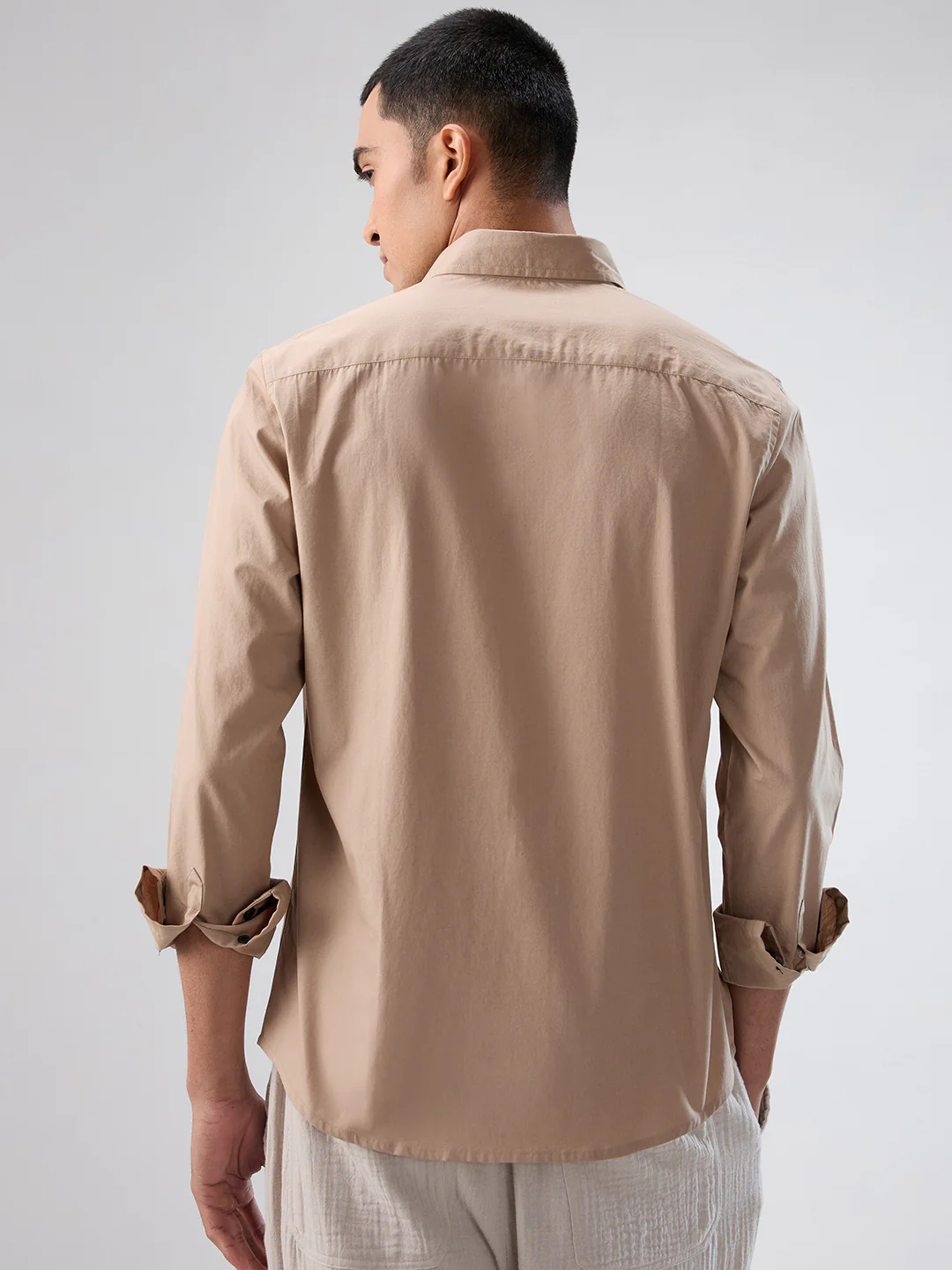 Solid Soft Khaki Beige Poplin Shirt - Image 6