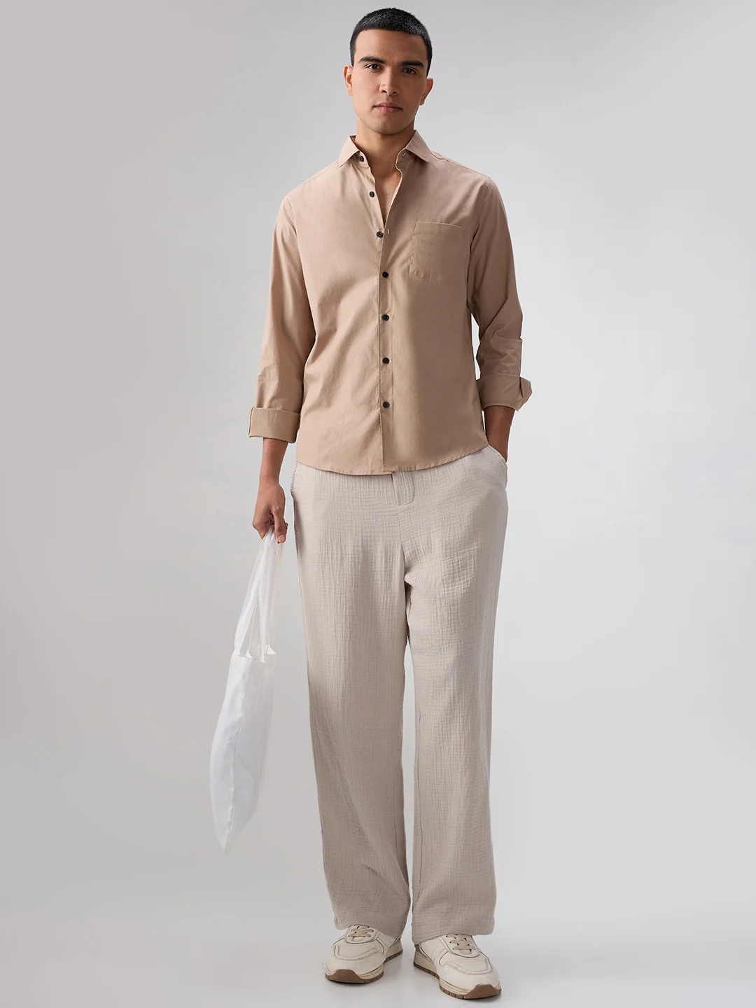 Solid Soft Khaki Beige Poplin Shirt - Image 7