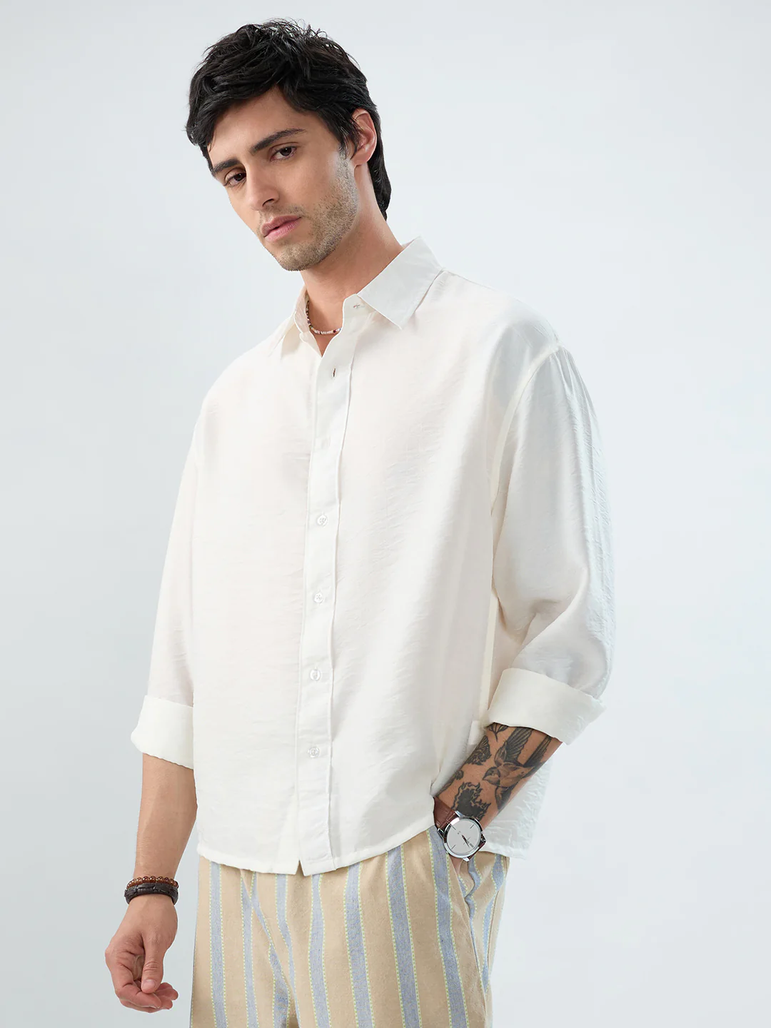 Solid White Crinkled Boxy Fit Crop Shirt - Image 6