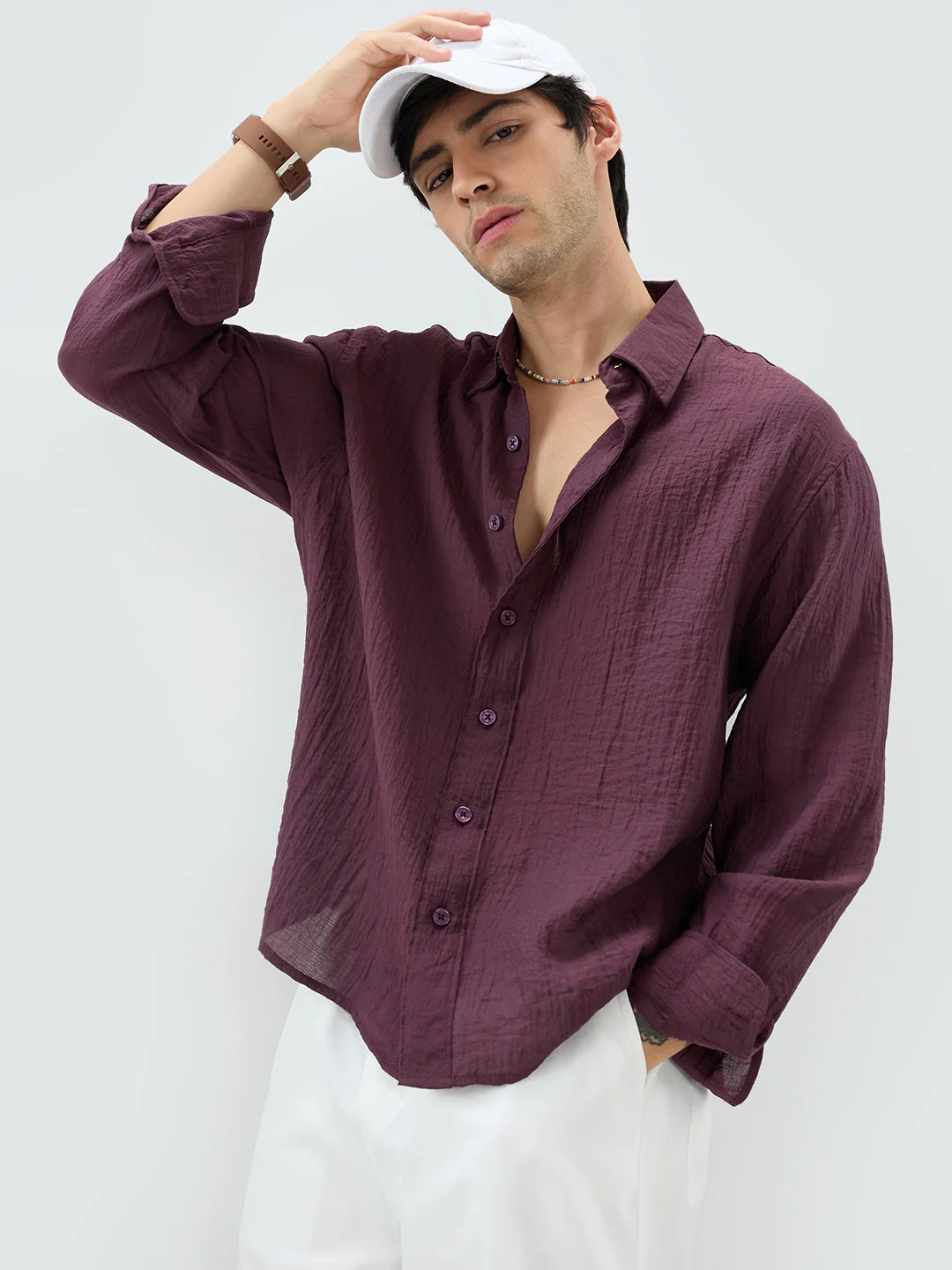 Solid Wine Sheer Crepe Boxy Fit Crop Shirt - Image 2
