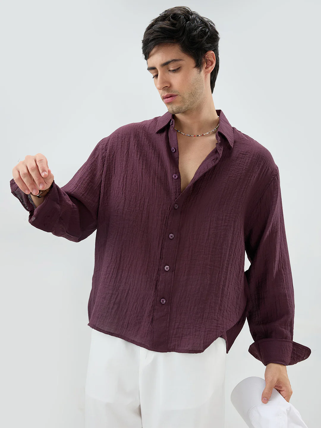 Solid Wine Sheer Crepe Boxy Fit Crop Shirt - Image 4