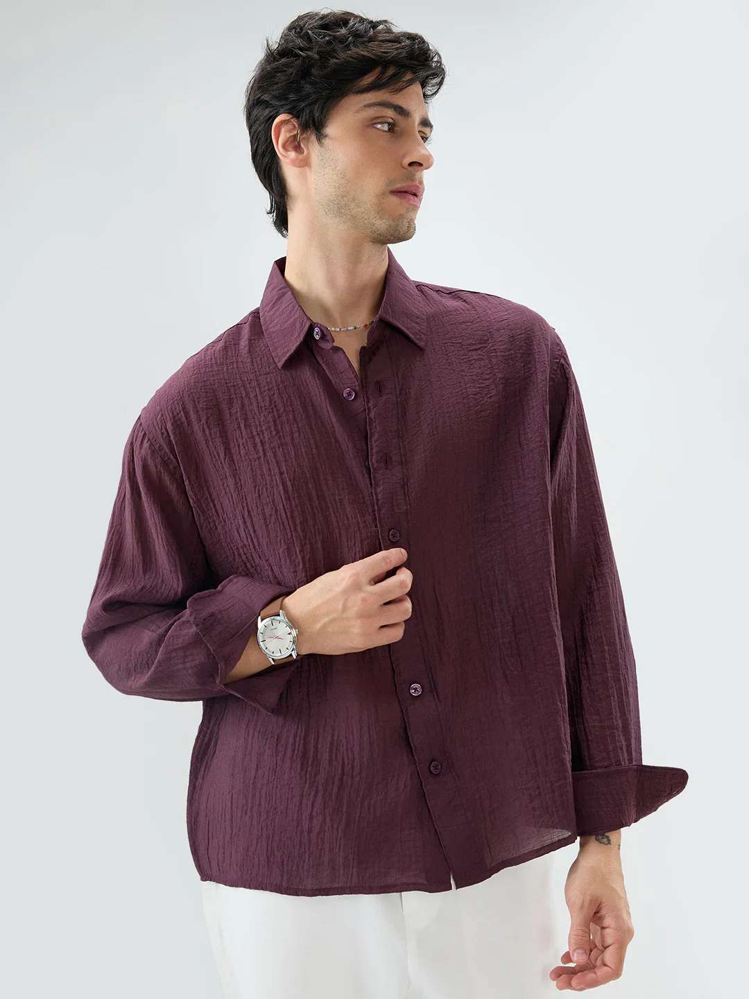 Solid Wine Sheer Crepe Boxy Fit Crop Shirt - Image 5