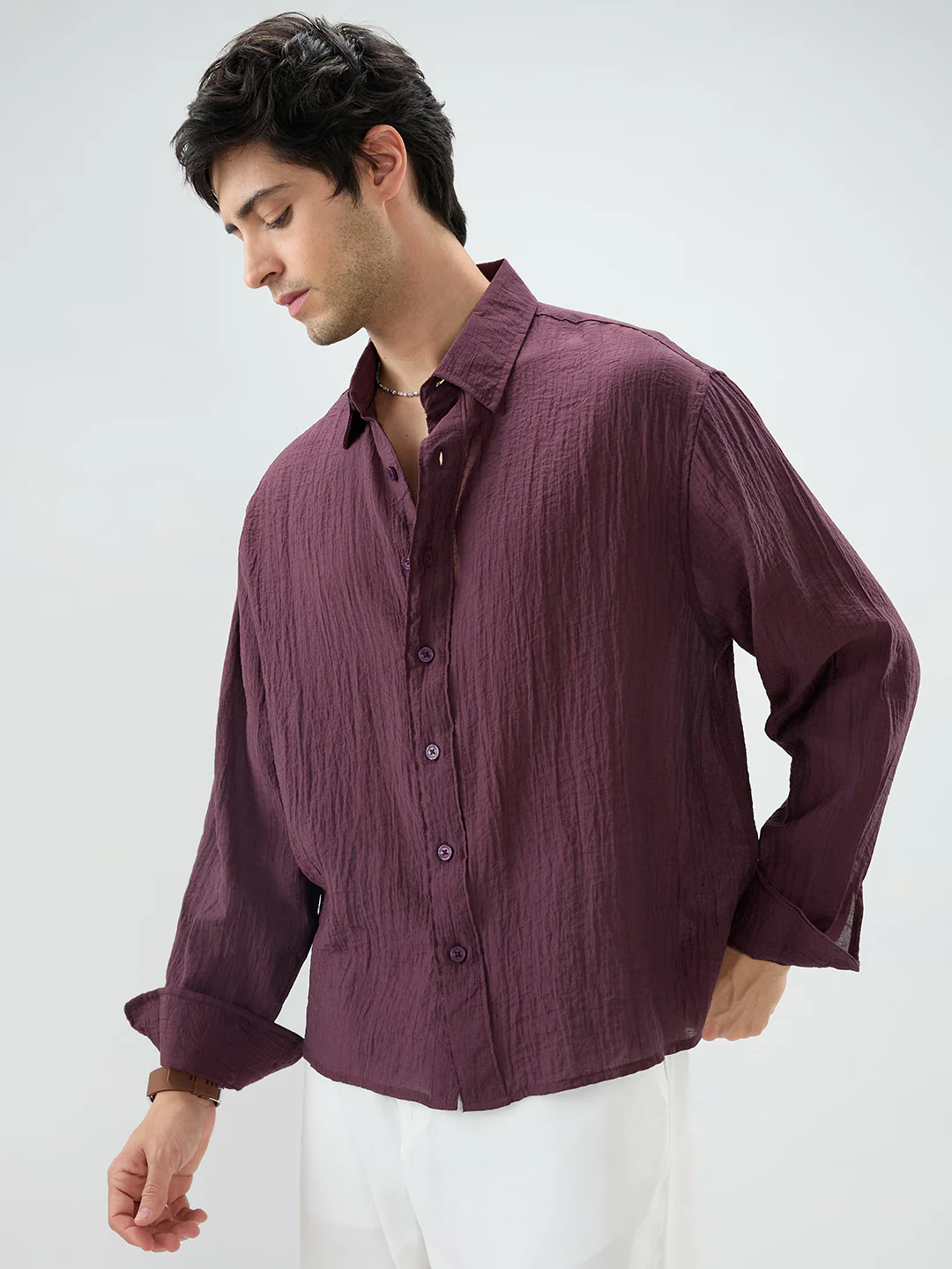 Solid Wine Sheer Crepe Boxy Fit Crop Shirt - Image 6