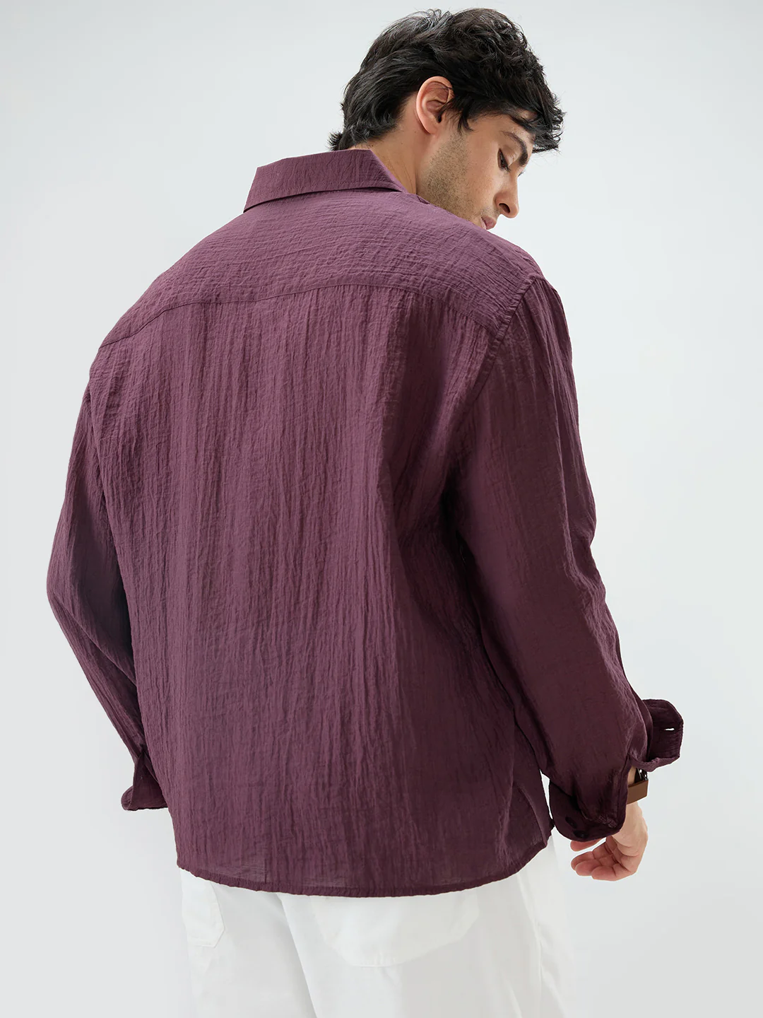 Solid Wine Sheer Crepe Boxy Fit Crop Shirt - Image 7