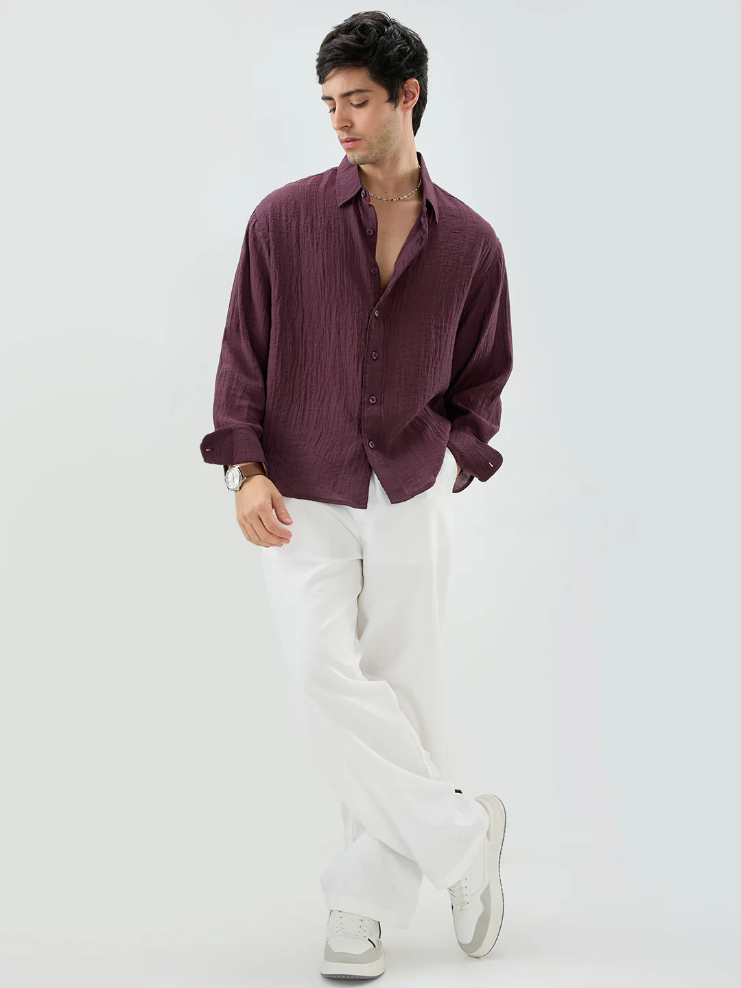 Solid Wine Sheer Crepe Boxy Fit Crop Shirt - Image 8