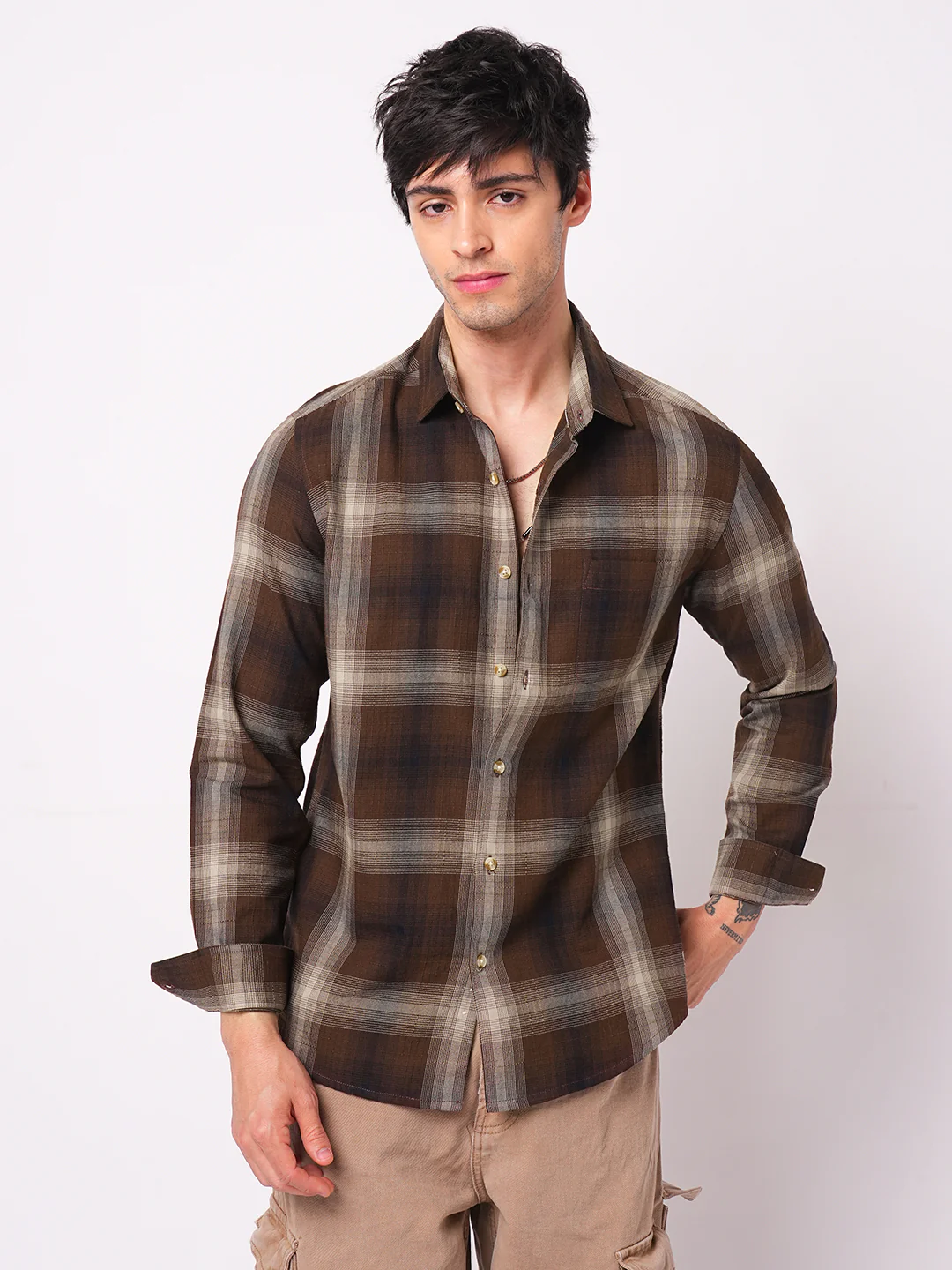 Spiffy Brunette Plaid Checkered Textured Shirt - Image 4