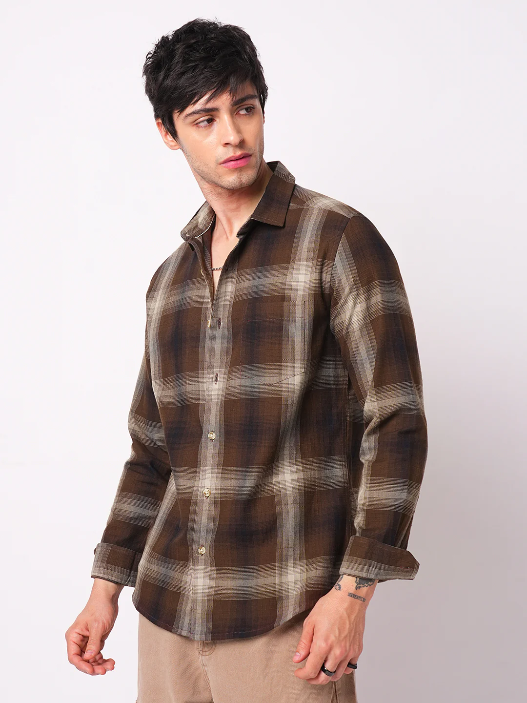 Spiffy Brunette Plaid Checkered Textured Shirt - Image 5