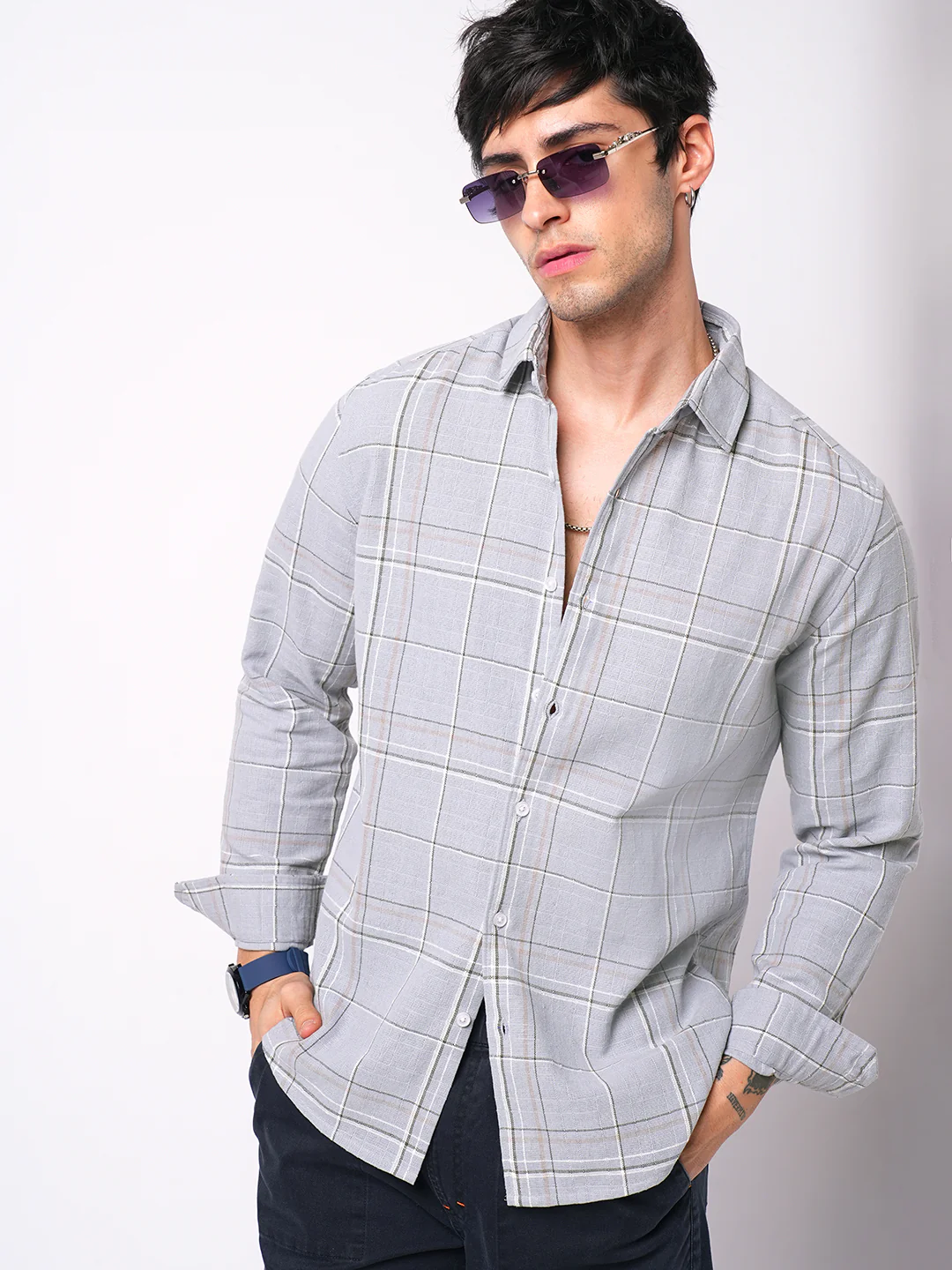 Spiffy Grey Windowpane Checks Textured Shirt - Image 2