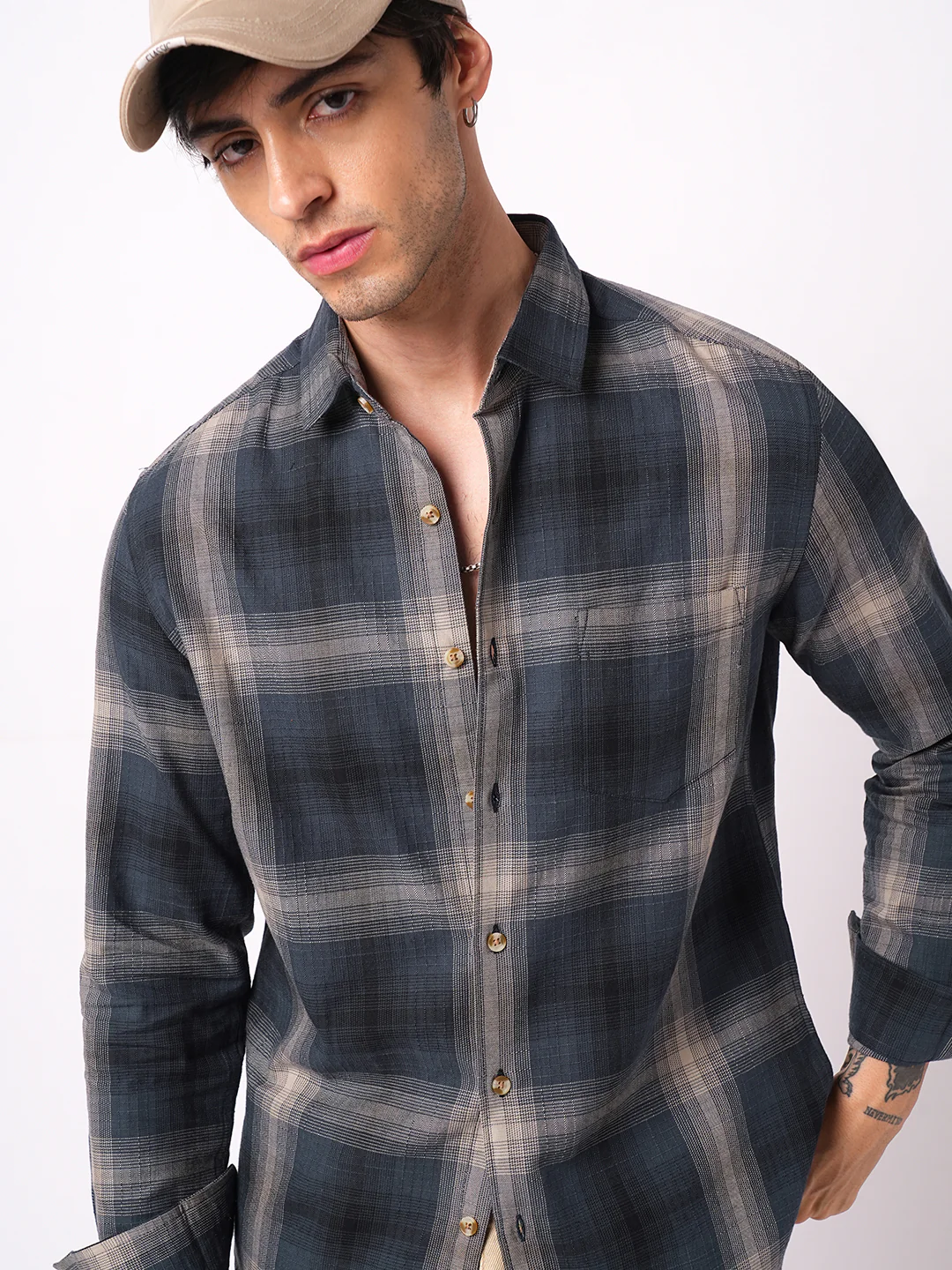 Premium Cotton Spiffy Space Blue Box Checks Textured Shirt - Image 2