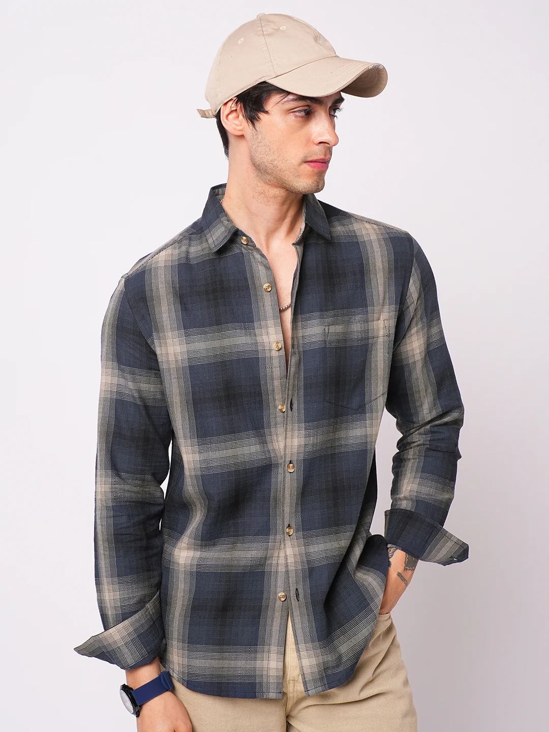 Premium Cotton Spiffy Space Blue Box Checks Textured Shirt - Image 4