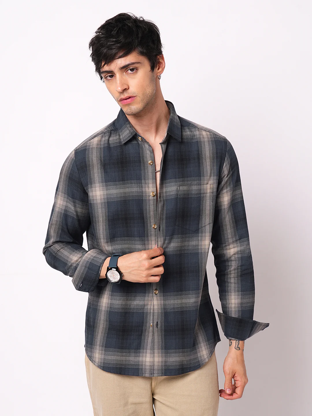 Premium Cotton Spiffy Space Blue Box Checks Textured Shirt - Image 5
