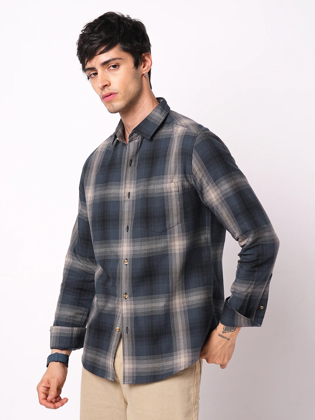Premium Cotton Spiffy Space Blue Box Checks Textured Shirt - Image 6