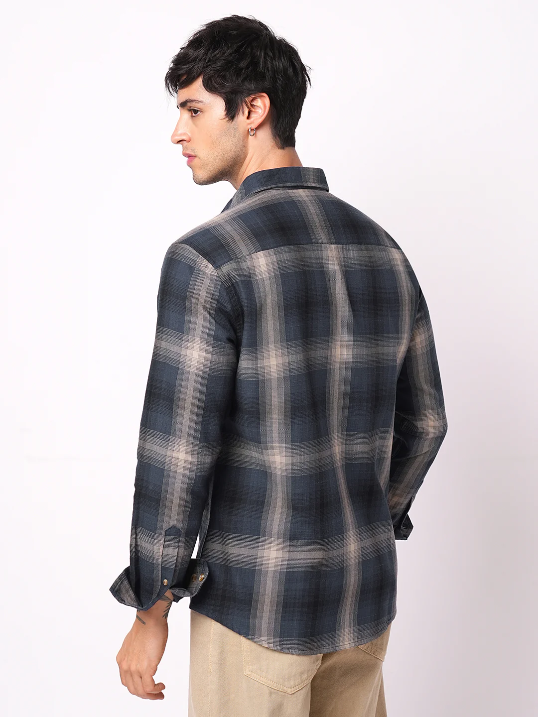 Premium Cotton Spiffy Space Blue Box Checks Textured Shirt - Image 7