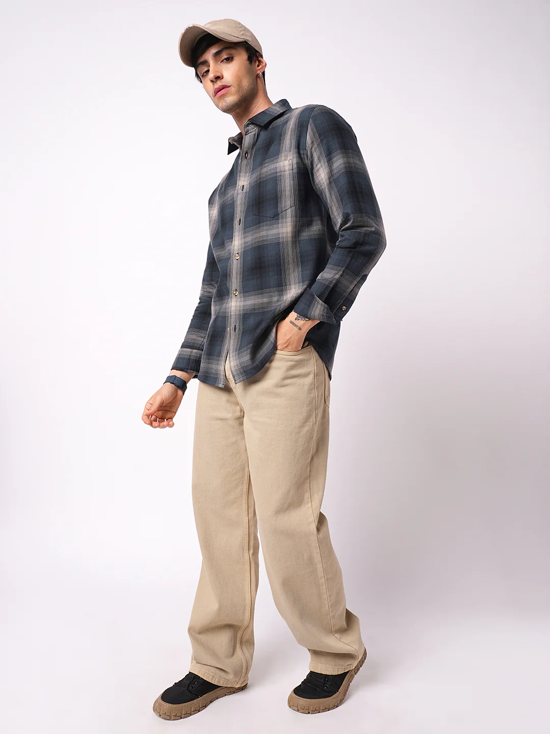 Premium Cotton Spiffy Space Blue Box Checks Textured Shirt - Image 8