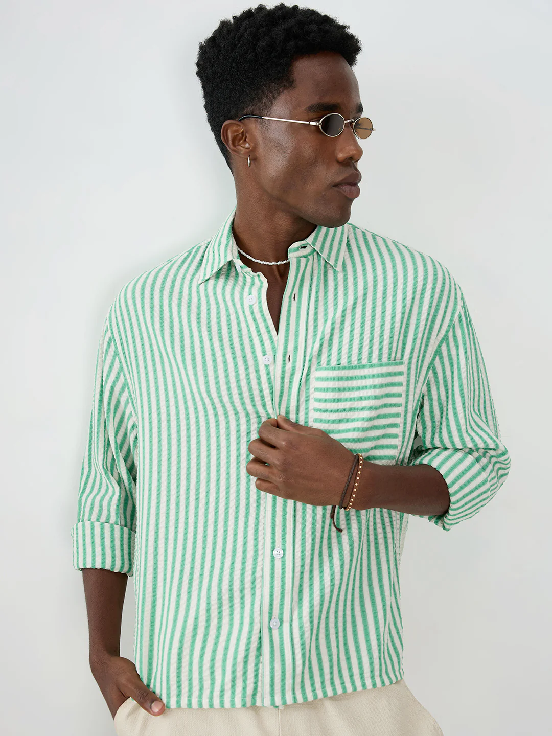 Spring Green Seersucker Candy Striped Boxy Fit Crop Shirt - Image 2