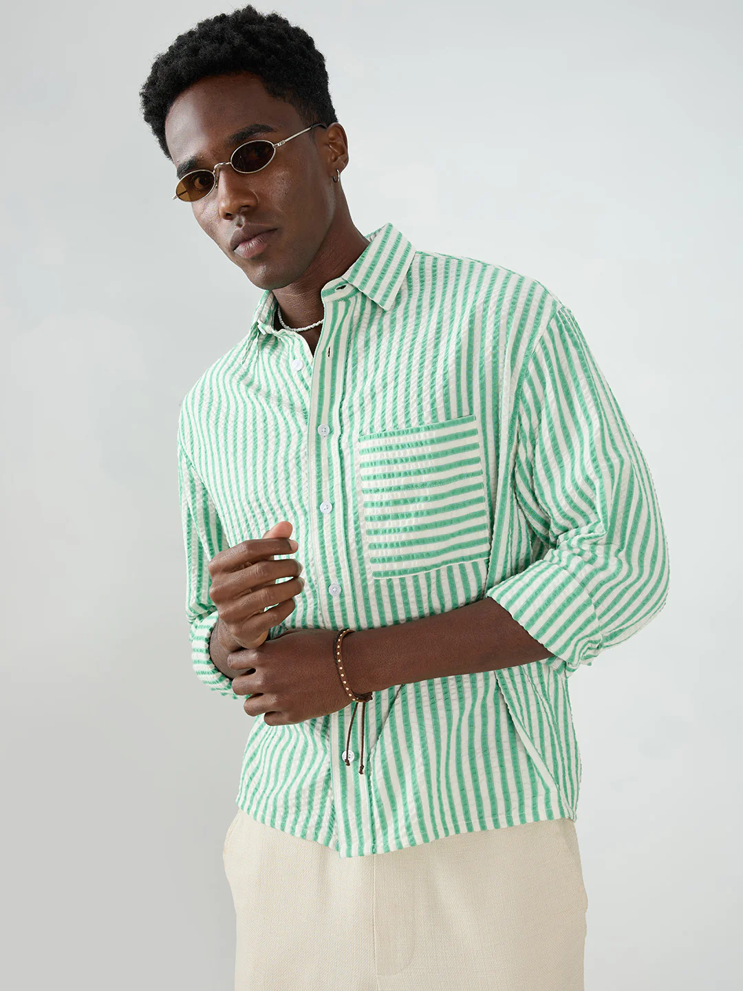Spring Green Seersucker Candy Striped Boxy Fit Crop Shirt - Image 4
