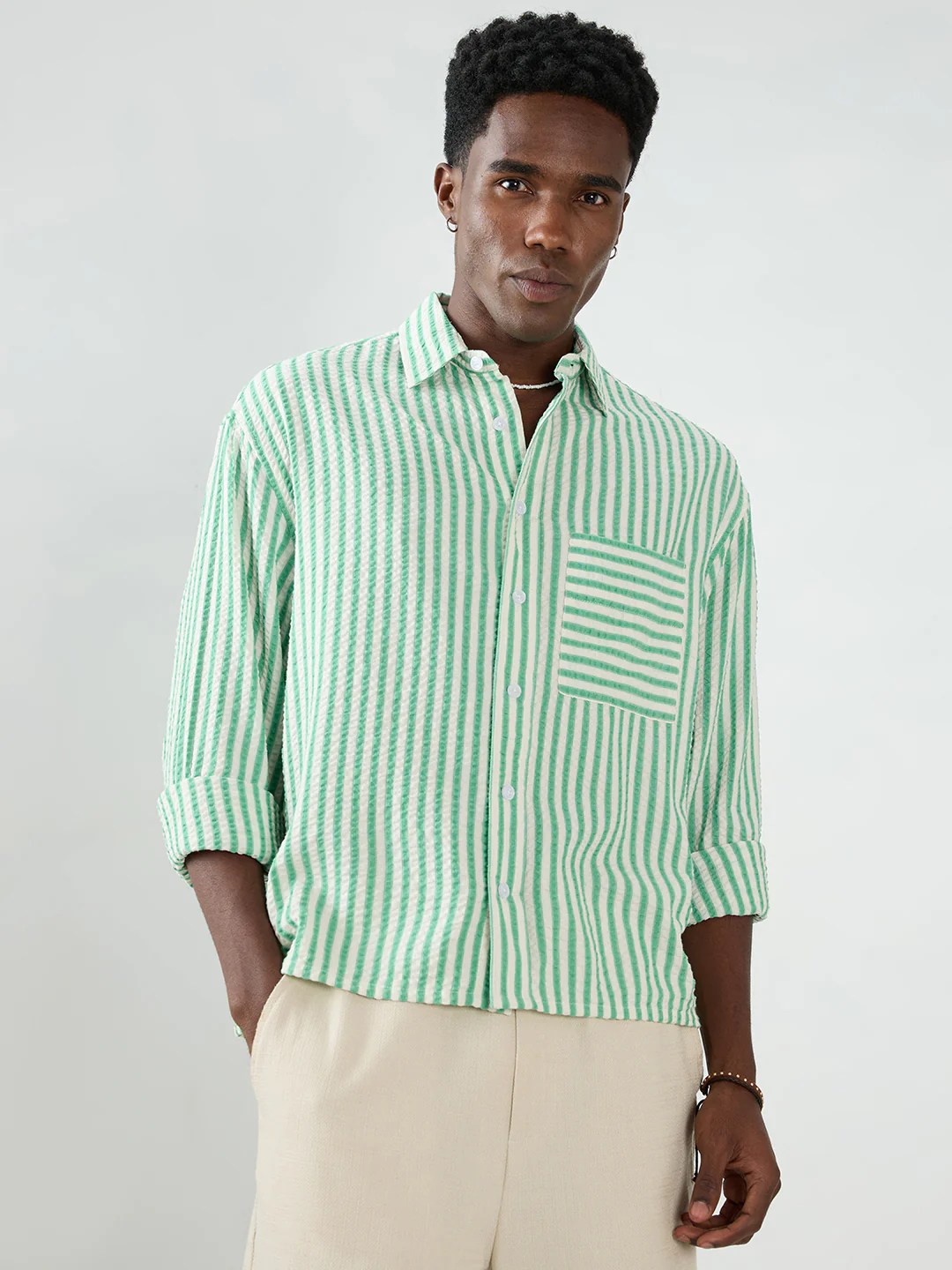 Spring Green Seersucker Candy Striped Boxy Fit Crop Shirt - Image 5
