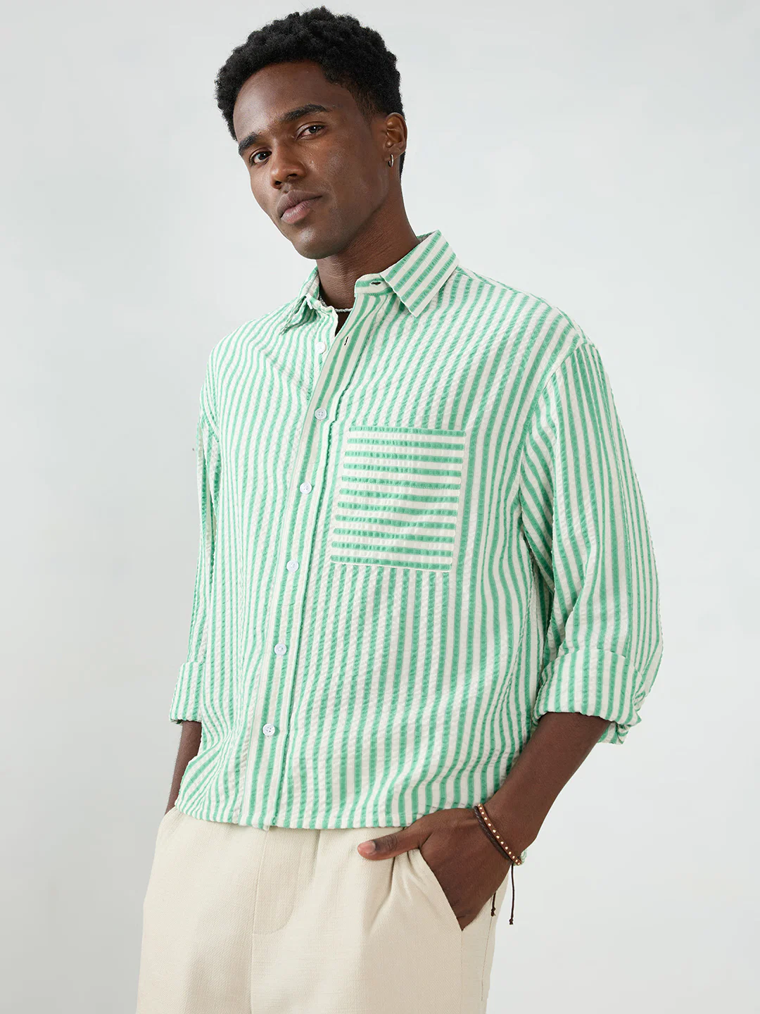 Spring Green Seersucker Candy Striped Boxy Fit Crop Shirt - Image 6