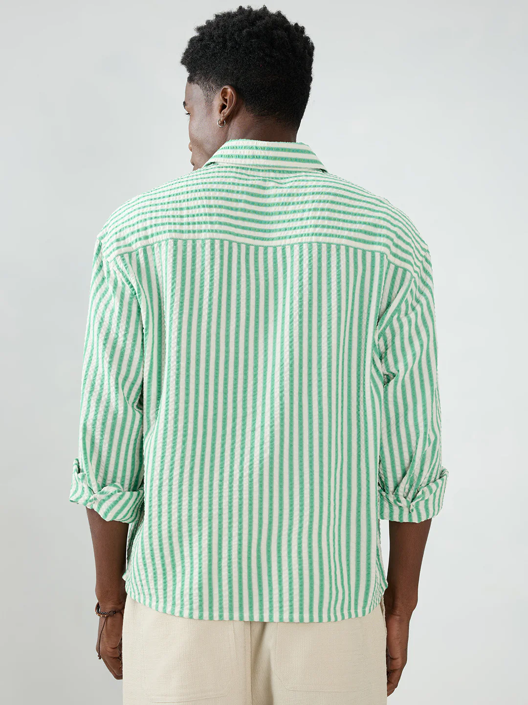 Spring Green Seersucker Candy Striped Boxy Fit Crop Shirt - Image 7
