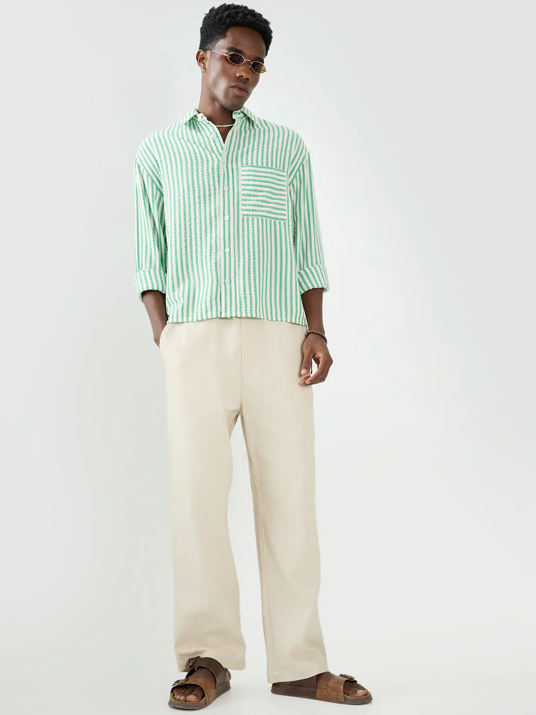 Spring Green Seersucker Candy Striped Boxy Fit Crop Shirt - Image 8